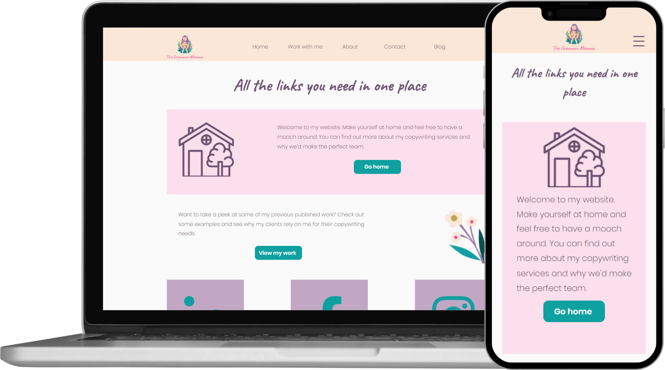 jo-martin-custom-links-page-portfolio-laptop-phone The Grammar Mamma - Jo Martin - custom links page - Little Nerd Web Design